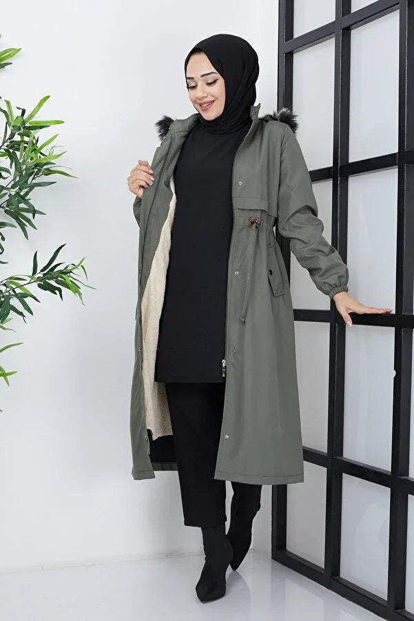 Imajbutik Women's Khaki Modest Hooded Fur Lined Drawstring Bondik Hijab Coat