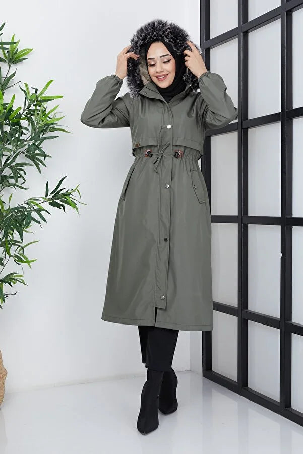 Imajbutik Women's Khaki Modest Hooded Fur Lined Drawstring Bondik Hijab Coat