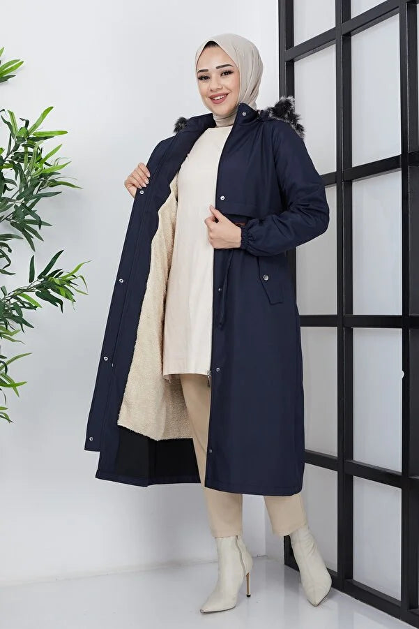 Imajbutik Women's Navy Blue Modest Hooded Fur Lined Drawstring Bondik Hijab Coat