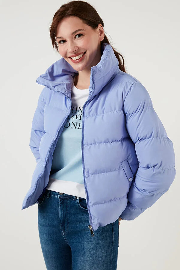 Lela Women's Blue Stand Collar Puffed Short Coat