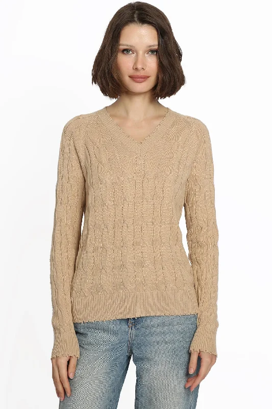 Minnie Rose Cable Long Sleeve V-Neck with Frayed Edges