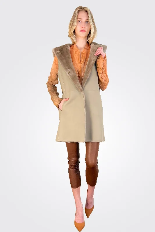 Shearling Hooded Norik Vest - Sand