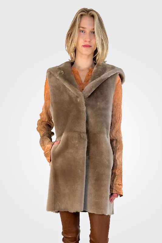 Shearling Hooded Norik Vest - Sand