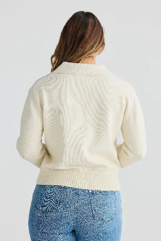 Open Collar Knit Jumper - Ecru