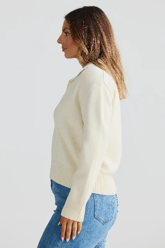 Open Collar Knit Jumper - Ecru