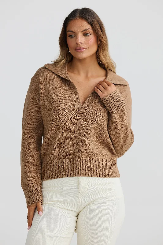 Open Collar Knit Jumper - Mocha