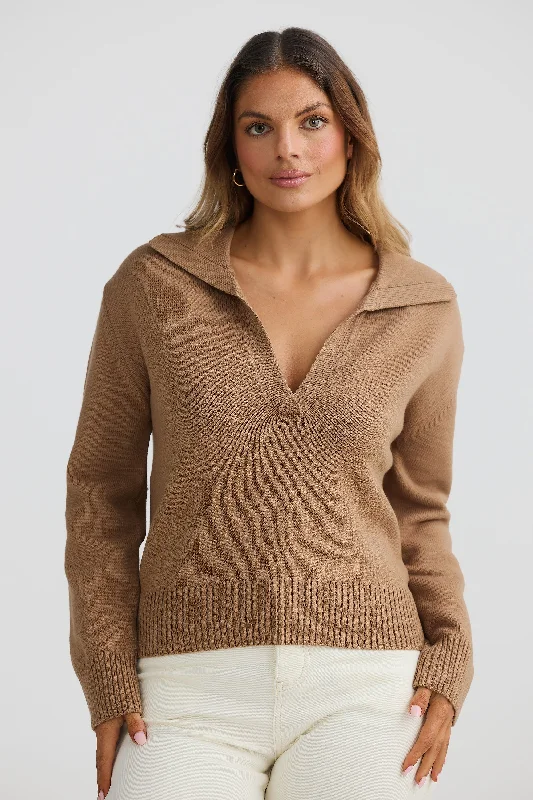 Open Collar Knit Jumper - Mocha