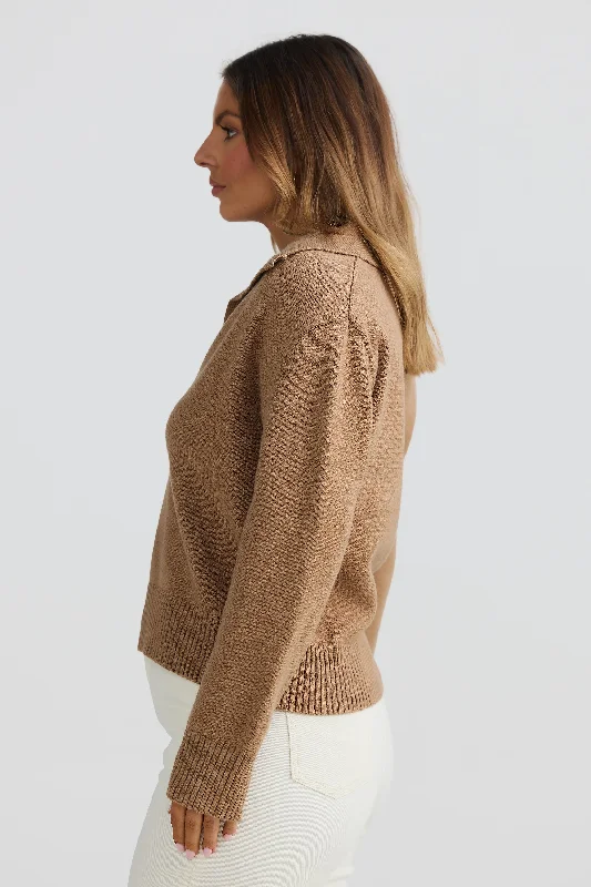 Open Collar Knit Jumper - Mocha