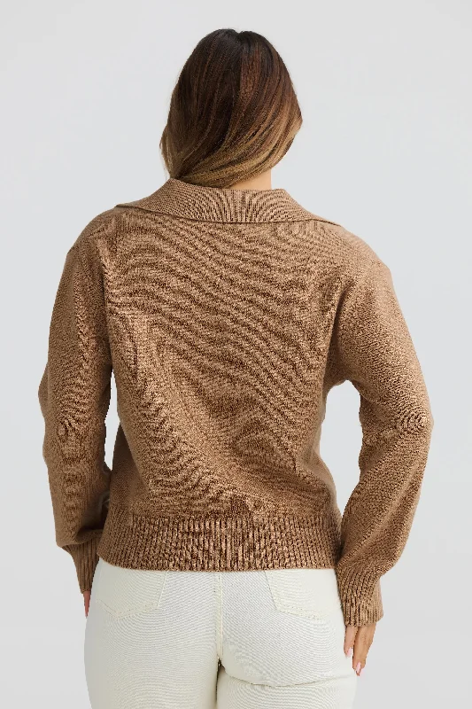 Open Collar Knit Jumper - Mocha