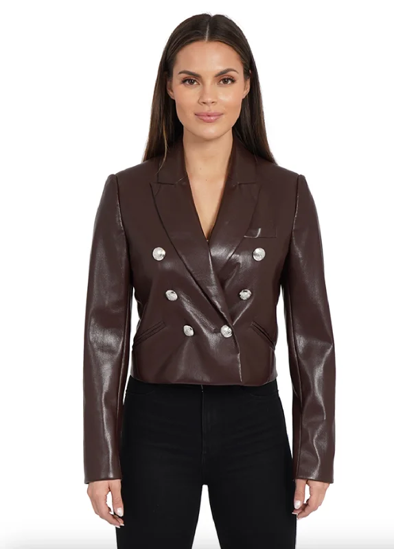 Vegan Leather Crop Blazer - Brown