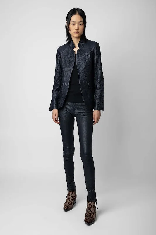 Very Crinkled Leather Blazer - Encre