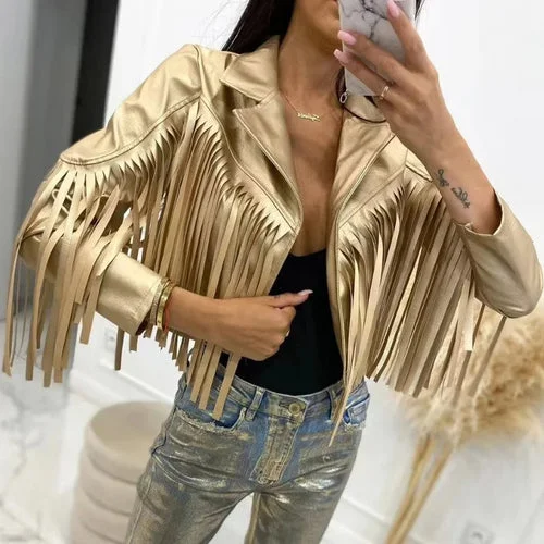 Vintage Solid Fashion Tassel Decoration PU Jacket 4