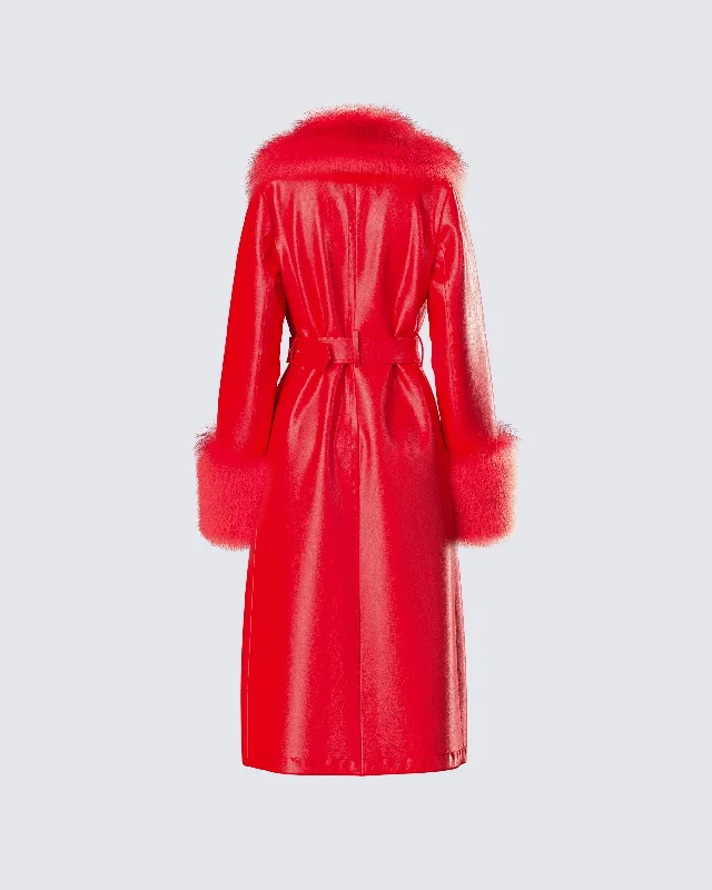 Willa Red Vegan Fur Leather Coat