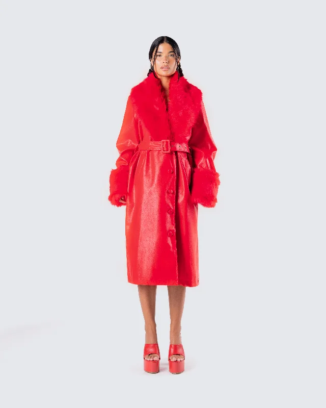 Willa Red Vegan Fur Leather Coat