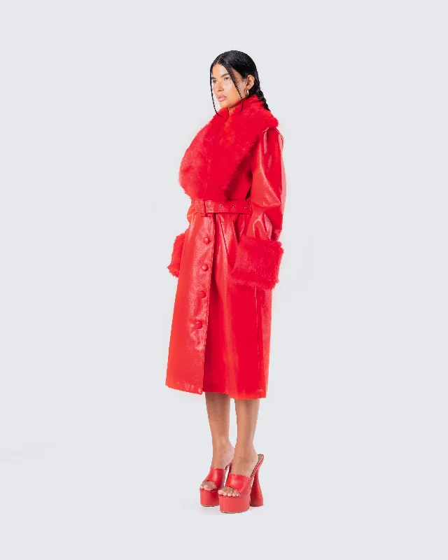 Willa Red Vegan Fur Leather Coat