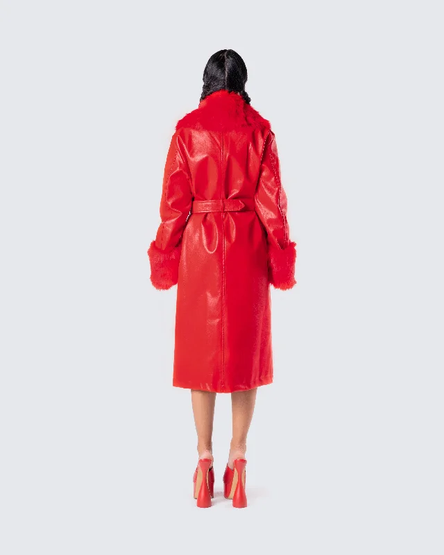 Willa Red Vegan Fur Leather Coat