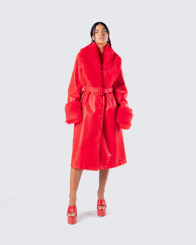 Willa Red Vegan Fur Leather Coat