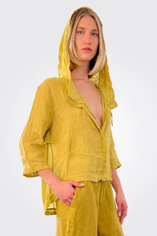 Zipped Hooded Linen Jacket - Lime