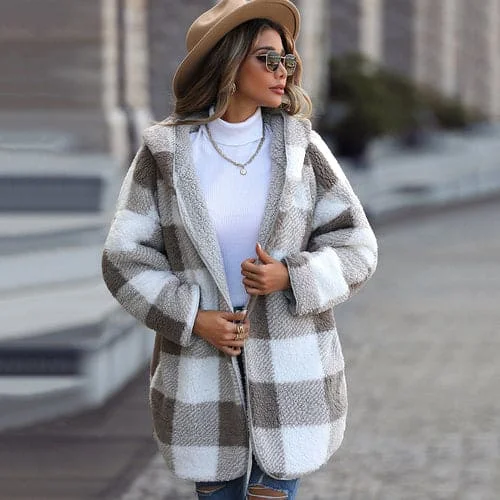 Long Sleeve Loose Plaid Puffer Coat without Buttons