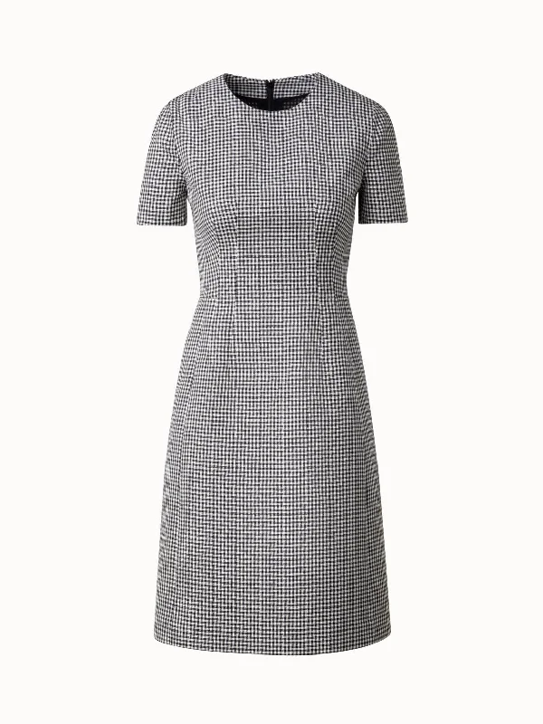 Vichy Pleated Sheath Dress in Wool Double-Face