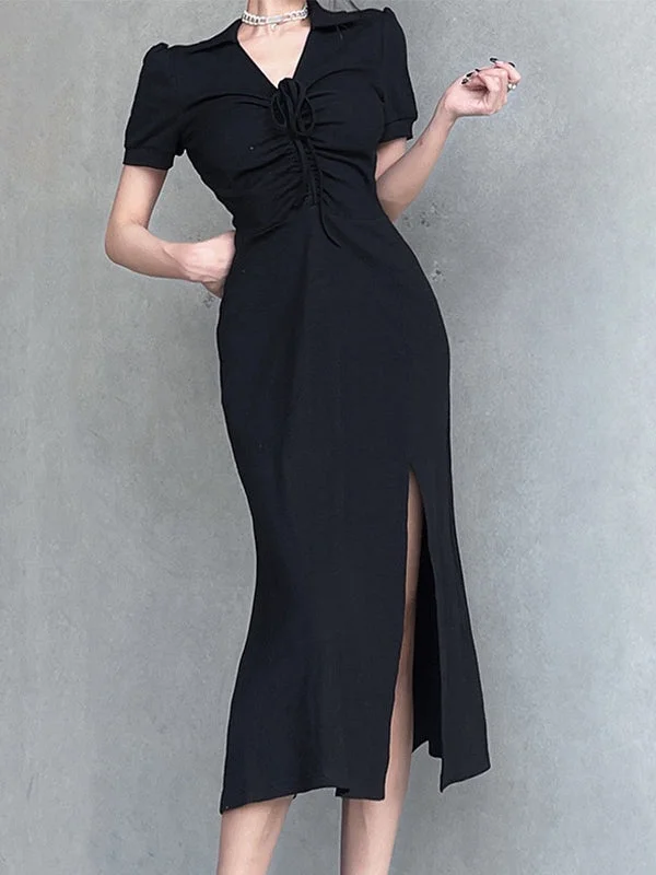 BerryBetty - Lace Up Slit Knitted Black Maxi Dress