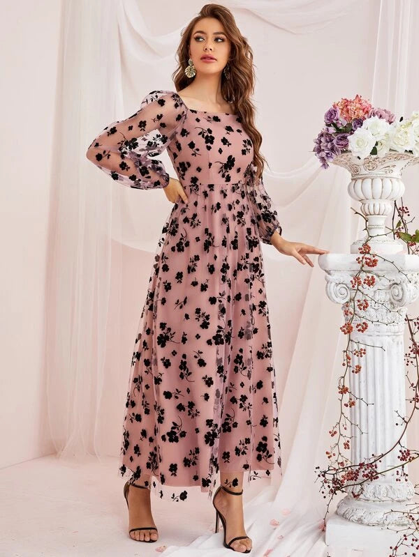 Lantern Sleeve Floral Mesh Dress