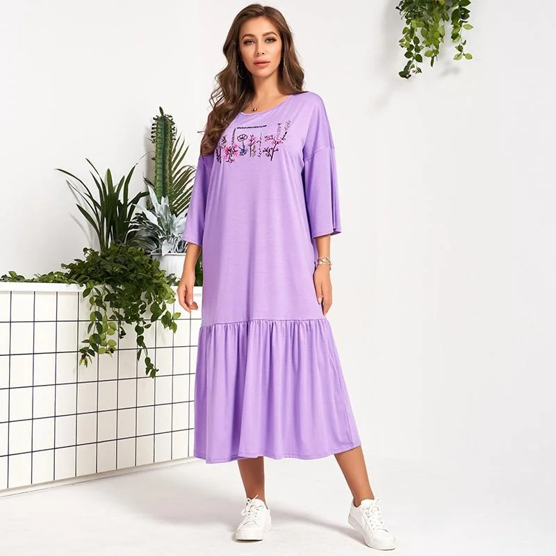 FashionSierra - Summer Dress Women Purple Loose Casual Hand Drawn Floral Letter Print 3/4 Sleeve Ruffle Hem Stitching Long Midi Dresses