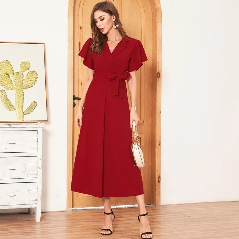 FashionSierra - Elegant Wrap Dress Women Lapel Neck Butterfly Sleeve Belted A-line Dresses Woman Party Ladies Midi Dress