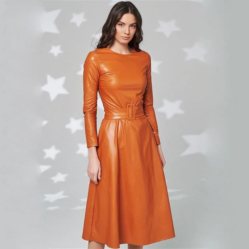 FashionSierra - Fit And Flare Winter Dress a Line Pockets Pu Leather Midi Dress