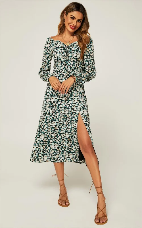 Long Sleeves Floral Mini Midi Dress In Black Floral