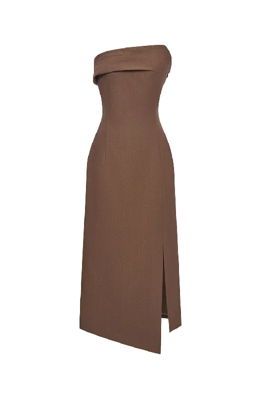 Lyra Strapless Side Slit Crepe Midi Dress