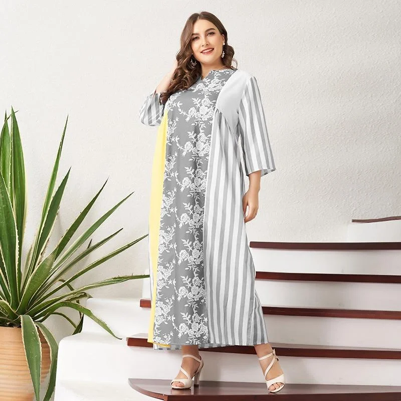 FashionSierra - Summer Midi Dress Women Multi-color Floral Striped Chiffon Loose Casual Holiday Stitching V-neck 3/4 Sleeve Long Robes