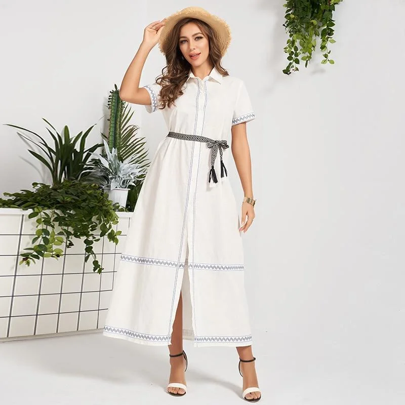 FashionSierra - New Summer Midi Dress Women White Waistbelt Buttons Pure Cotton Casual Bohemia Holiday Style Sweet Short Sleeve Long Robes