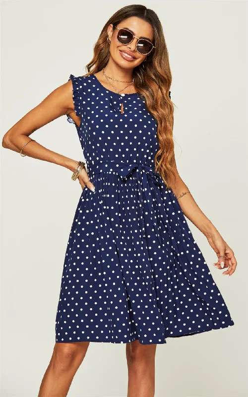 Polka Dot Frill Sleeve Midi Dress In Navy