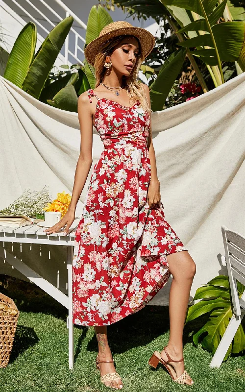 Pretty Floral Print Strappy Bardot Midi Dress In Red