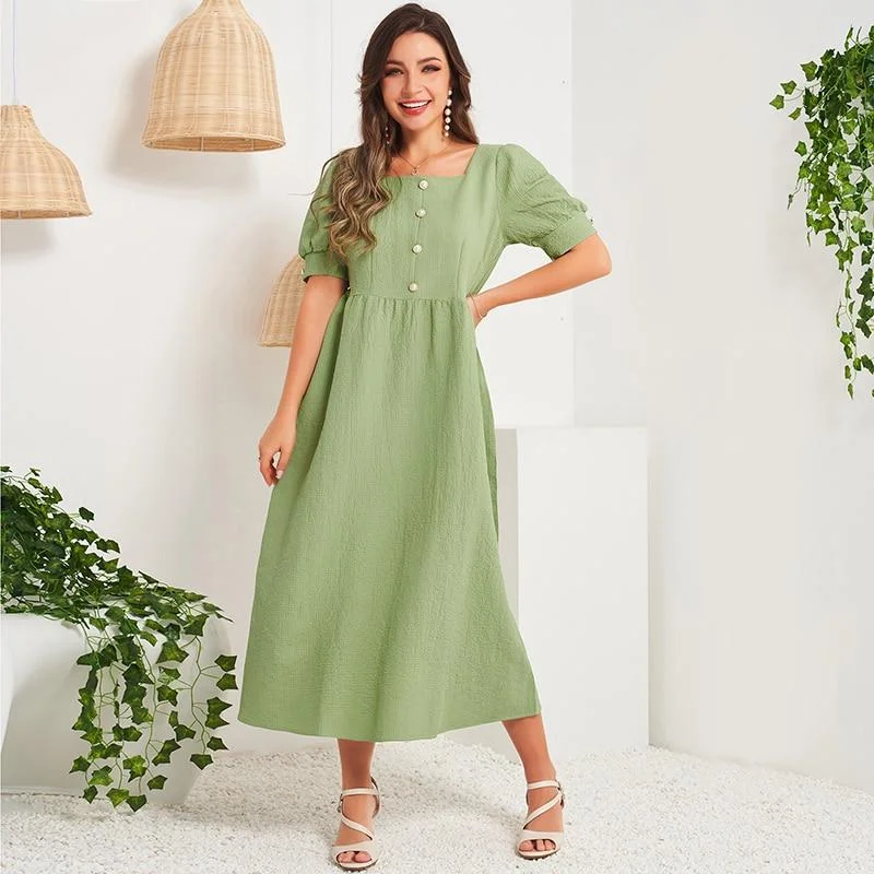 FashionSierra - Summer Midi Dress Women New Green Vintage French Palazoo Style Square Neck Puffy Short Sleeve Bottons Slim Sweet Long Dress