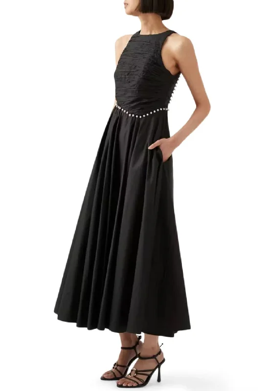 Black Florence Pearl-trimmed Open Back Midi Dress