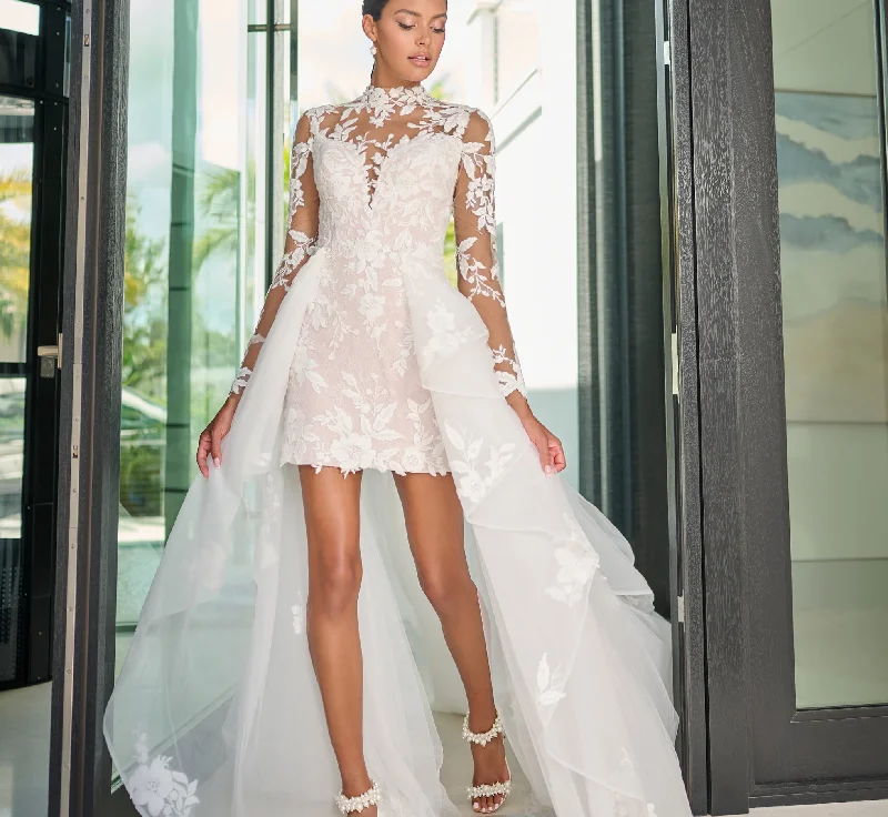 Chantilly Lace Short Dress with Detachable Tulle Overskirt in Ivory French Lilac Nude