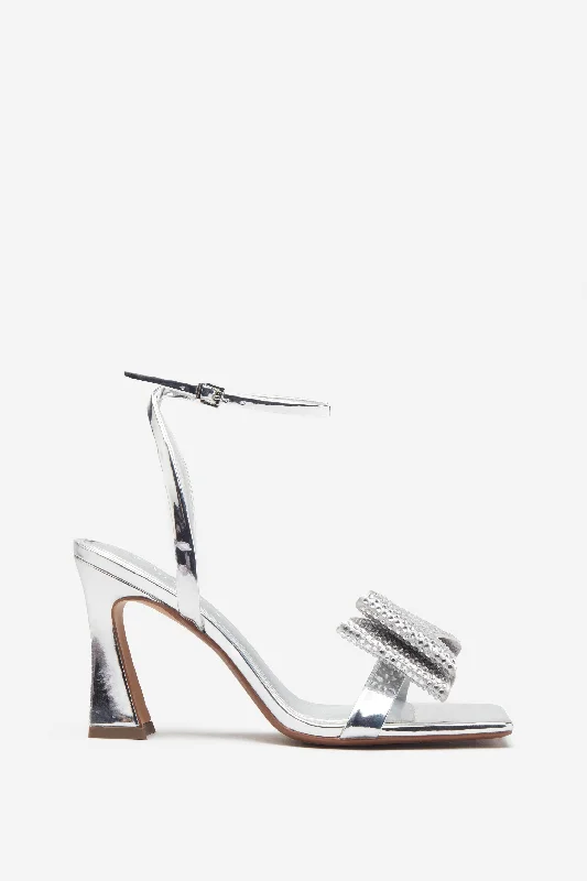 Headlines | Silver Ankle Strap Heeled Sandals With Diamante Bows