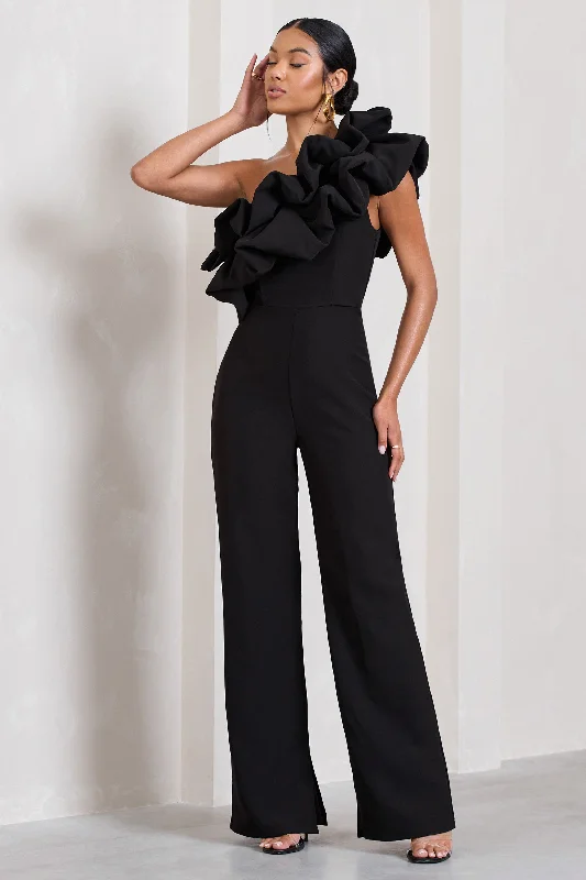 Monica | Black Asymmetric Ruffled Wide-Leg Jumpsuit