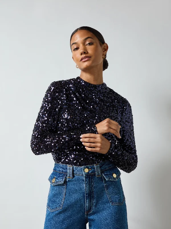 Navy Sequin High Neck Top