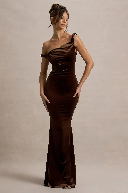 Neeka | Brown Velvet Twisted Asymmetric Maxi Dress