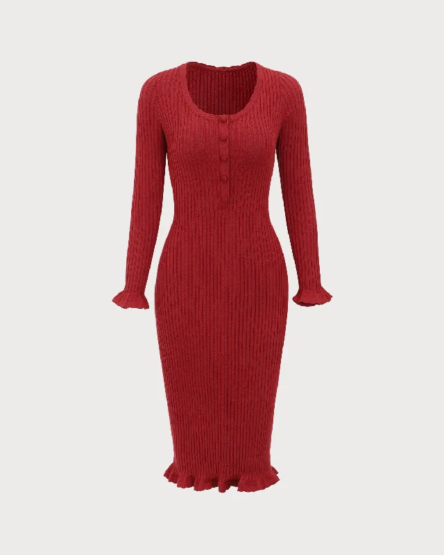 Red Bodycon Bell Sleeve Sweater Dress