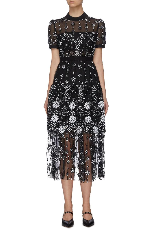 Black Deco Sequins Floral Embroidered Midi Dress