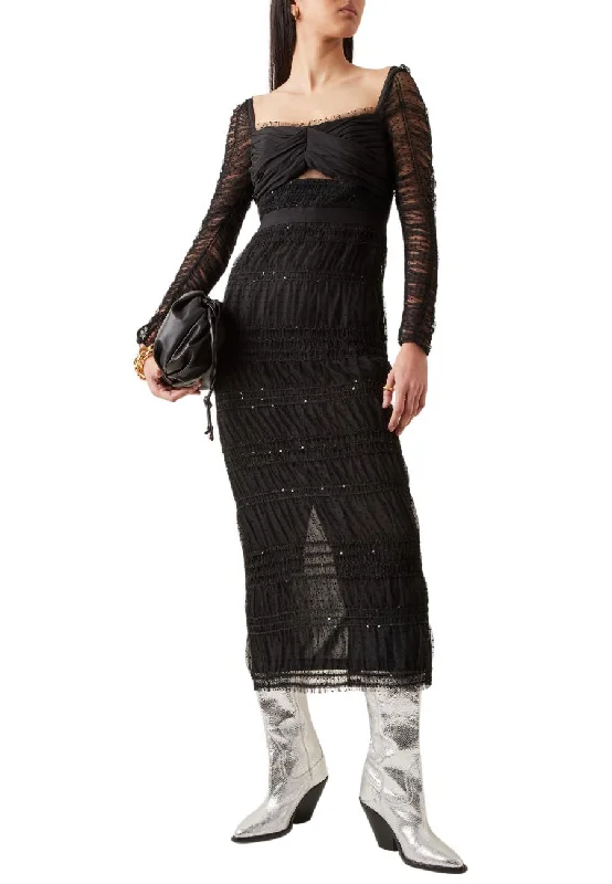 Black Dot Mesh Shimmer Midi Dress