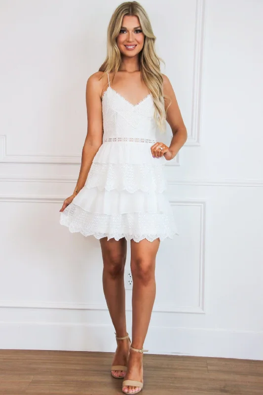 So Caught Up Lace Ruffle Dress: White