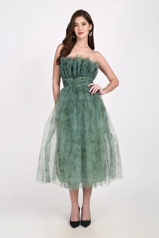 Veriry Tulle Midi Dress in Green Floral Print