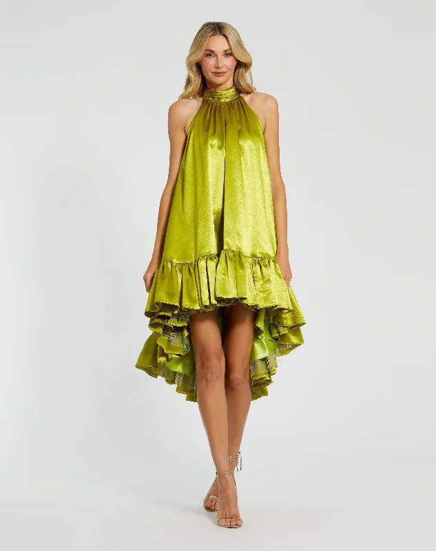 Green High Neck Satin Mini Dress With Keyhole