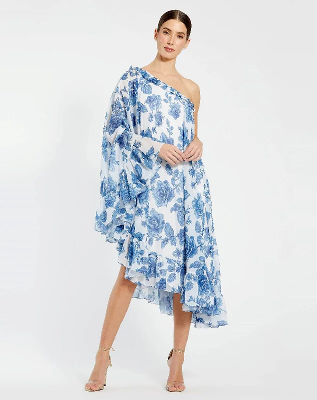 Floral Print One Shoulder Cape Dress