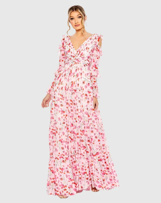 Ruffle Sleeve Floral Print Gown